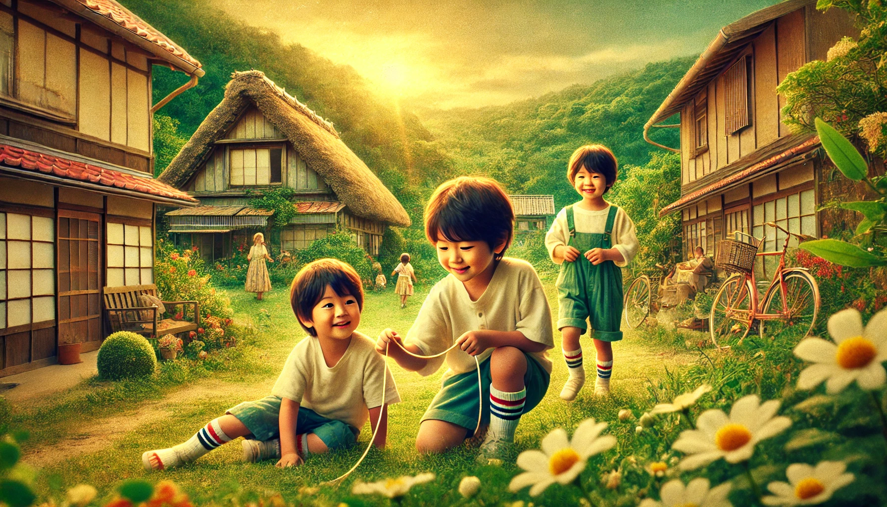 A nostalgic scene of Ueto Aya, a Japanese celebrity, with her brothers as children, playing together in a picturesque Japanese countryside, reminiscent of Okinawa’s Ishigaki Island. The setting includes traditional Okinawan houses, lush greenery, and a warm, sunny atmosphere, capturing their childhood memories. The image is in a horizontal 16:9 format.