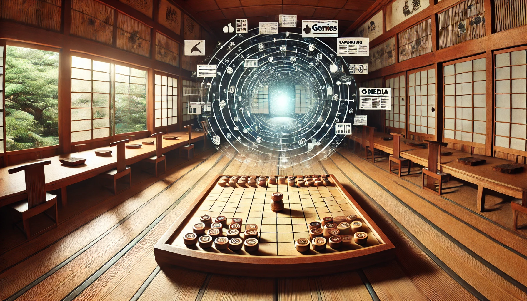 A symbolic representation of the impact of a shogi player's personal life rumors on the traditional Japanese shogi world. The scene depicts a serene shogi hall with a shogi board in focus, while subtle media icons and headlines swirl in the background, blending the traditional and modern worlds. Horizontal orientation, 16:9.