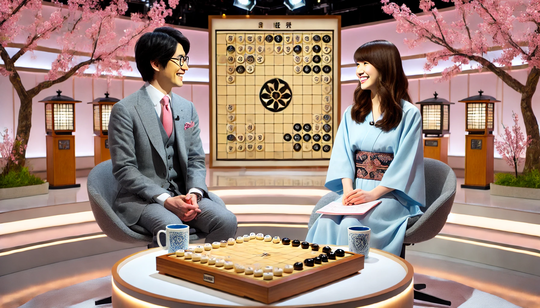 A scene from a Japanese television studio where a famous shogi player and a Japanese actress are sharing a lighthearted conversation during a talk show. The studio is brightly lit with a modern set design featuring a backdrop of shogi motifs and cherry blossoms. Both individuals are smiling and engaged in conversation, creating a friendly and warm atmosphere. Horizontal orientation, 16:9.