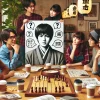 A group of fans discussing and speculating about the life of a famous Japanese shogi player, creating imaginary scenarios about his personal relationships. The setting is a modern Japanese café with a cozy atmosphere, showing young people engaged in lively conversation with notebooks and smartphones. Horizontal orientation, 16:9.