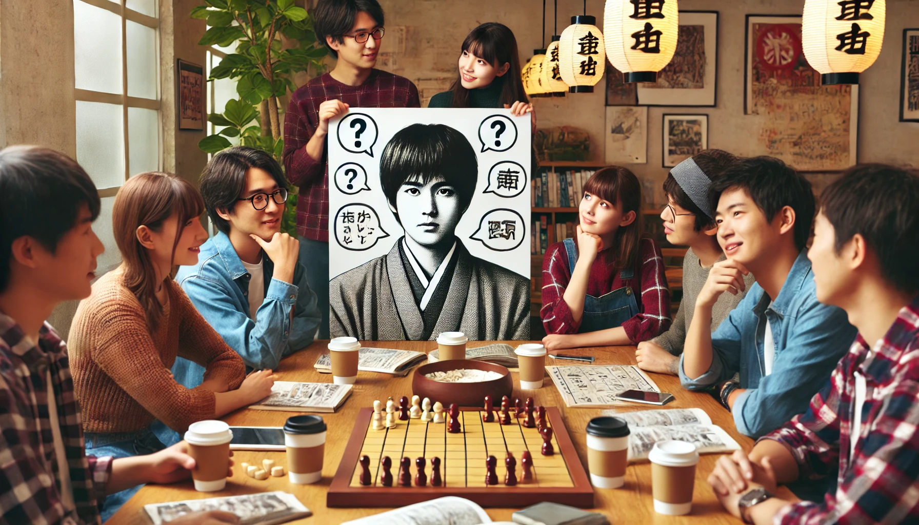 A group of fans discussing and speculating about the life of a famous Japanese shogi player, creating imaginary scenarios about his personal relationships. The setting is a modern Japanese café with a cozy atmosphere, showing young people engaged in lively conversation with notebooks and smartphones. Horizontal orientation, 16:9.