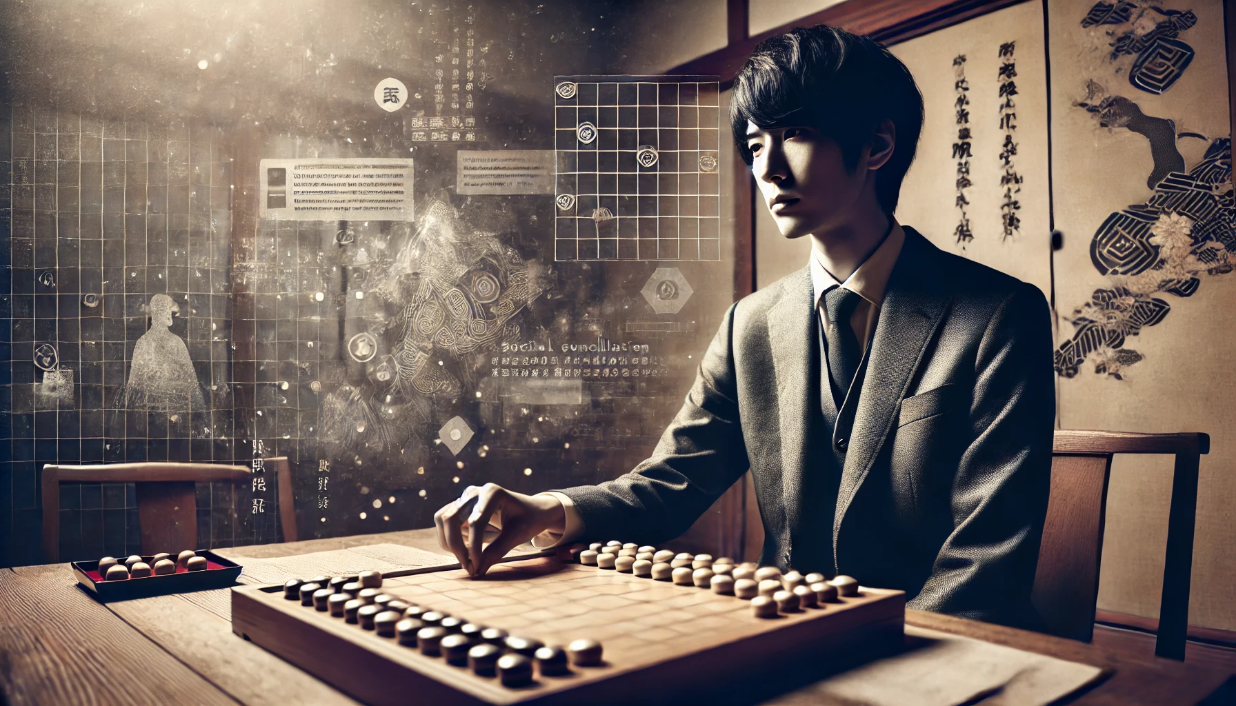 A Japanese man resembling a young professional shogi player, sitting in deep concentration at a shogi board, surrounded by a quiet and traditional Japanese room ambiance. Subtle hints of media or social speculation about his personal life are suggested by faint, abstract overlays of speech bubbles or blurred text in the background, creating an atmosphere of public curiosity. The image is horizontally oriented (16:9) and captures the serene yet focused nature of the scene.