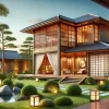 A luxurious and traditional Japanese-style home in a serene countryside setting, with modern touches. The home features a beautiful garden, wooden exterior, and sliding shoji doors. The atmosphere should emphasize wealth and cultural sophistication, reflecting the residence of a well-to-do family.