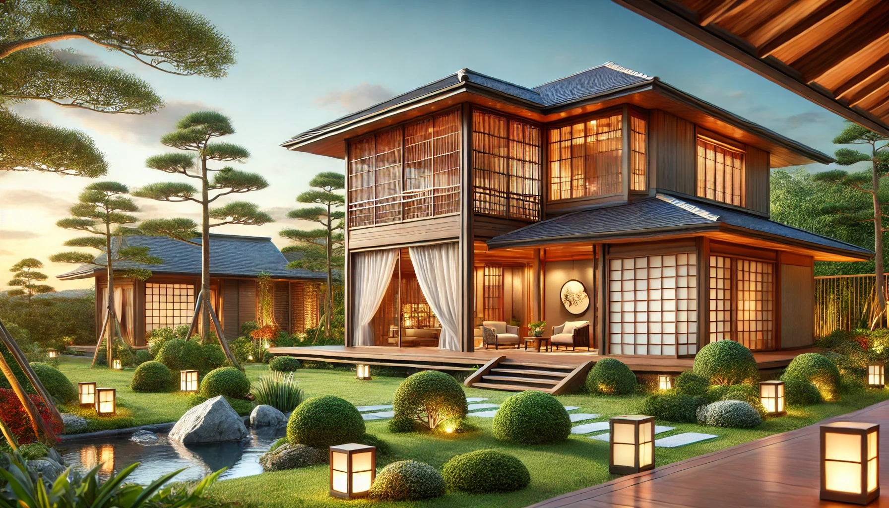 A luxurious and traditional Japanese-style home in a serene countryside setting, with modern touches. The home features a beautiful garden, wooden exterior, and sliding shoji doors. The atmosphere should emphasize wealth and cultural sophistication, reflecting the residence of a well-to-do family.