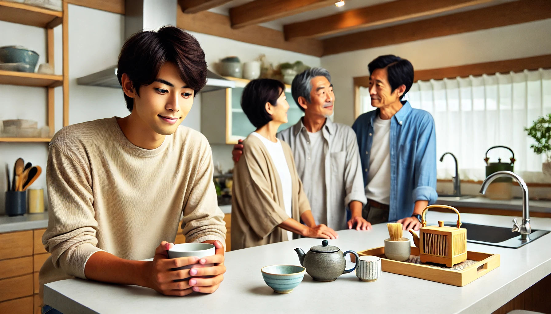 A young Japanese man enjoying a peaceful tea moment with his parents and brother in a well-lit modern Japanese kitchen. The kitchen is clean and organized, with a focus on family bonds and harmony. The setting should reflect good familial relationships and tranquility. Include subtle elements of Japanese culture like tea utensils and light wooden decor.