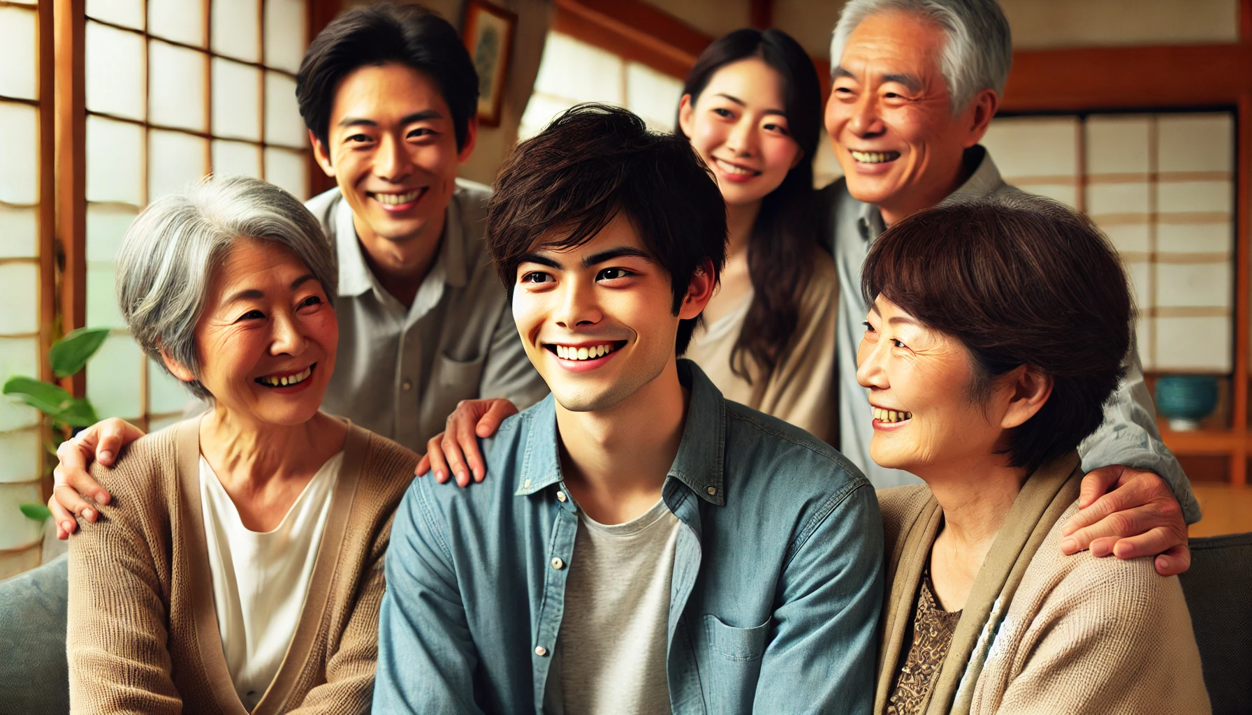 A close-knit Japanese family enjoying a moment together in their living room, expressing warmth and support. The scene shows a young Japanese man smiling with his parents, brother, and grandparents. The room is filled with natural light, featuring a mix of modern and traditional Japanese decor. The atmosphere conveys deep familial bonds and harmony.