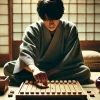 An artistic representation of a young Japanese man playing shogi, intensely focused, with a traditional Japanese tatami room setting. A shogi board is in front of him with pieces strategically placed, and a soft natural light filters through the room. The environment feels contemplative and traditional, capturing the essence of Japanese culture and shogi. Horizontal 16:9 aspect ratio.