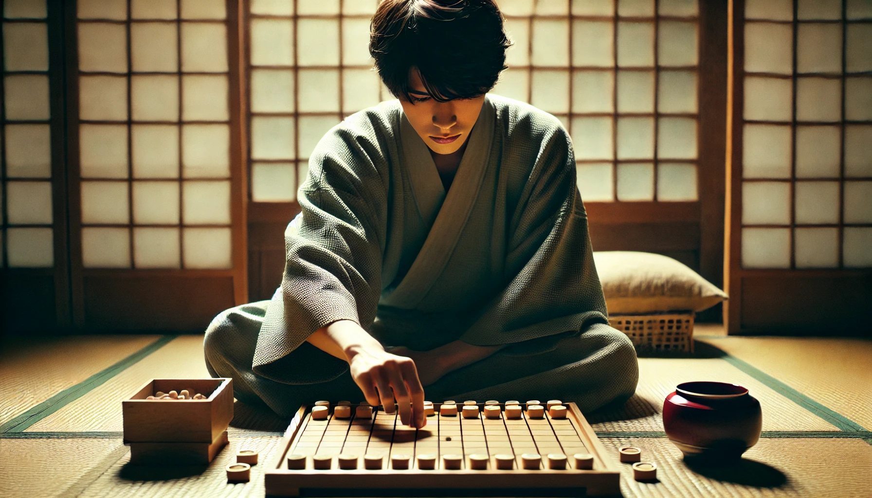 An artistic representation of a young Japanese man playing shogi, intensely focused, with a traditional Japanese tatami room setting. A shogi board is in front of him with pieces strategically placed, and a soft natural light filters through the room. The environment feels contemplative and traditional, capturing the essence of Japanese culture and shogi. Horizontal 16:9 aspect ratio.