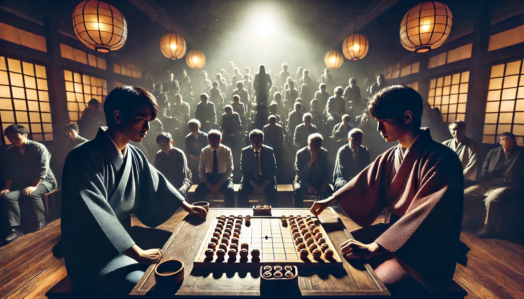 A dramatic scene of a Japanese shogi player in a competition, showing their intense focus and strategic moves. A crowd watches in the background in a dimly lit venue, emphasizing the importance of the match. Horizontal 16:9 aspect ratio.