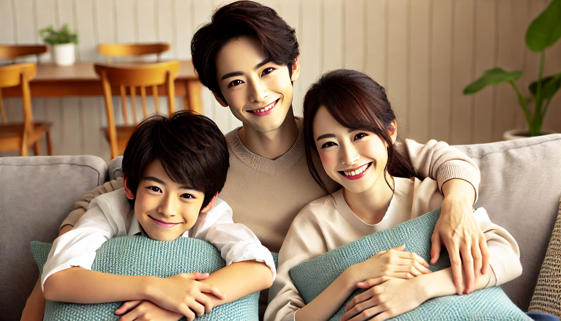 A heartwarming scene of Ueto Aya, a Japanese celebrity, with her two brothers enjoying a friendly moment together. The three siblings are in a cozy and cheerful environment, symbolizing their close bond. The brothers appear to be Japanese, showcasing familial warmth and harmony, in a horizontal 16:9 format.