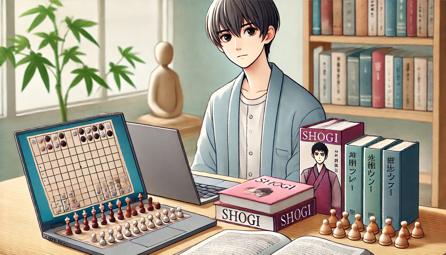 A depiction of a young Japanese student immersed in study with shogi books and a laptop, showcasing a balance between academics and shogi research. The setting is a bright, modern study space with a shogi board nearby. Horizontal 16:9 aspect ratio.