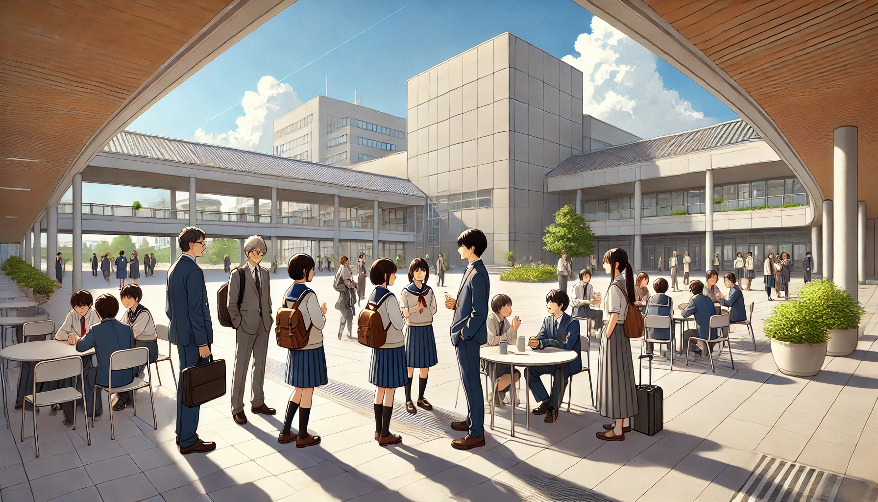 A Japanese high school campus with students and teachers engaging in a lively conversation, highlighting a serene and intellectual environment, set in a sunny day, with clear skies and a well-maintained schoolyard, in a modern Japanese setting.