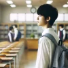 A Japanese high school student walking away from a classroom, looking thoughtful, symbolizing a major life decision such as high school dropout, in a modern Japanese high school setting, horizontal orientation (16:9).