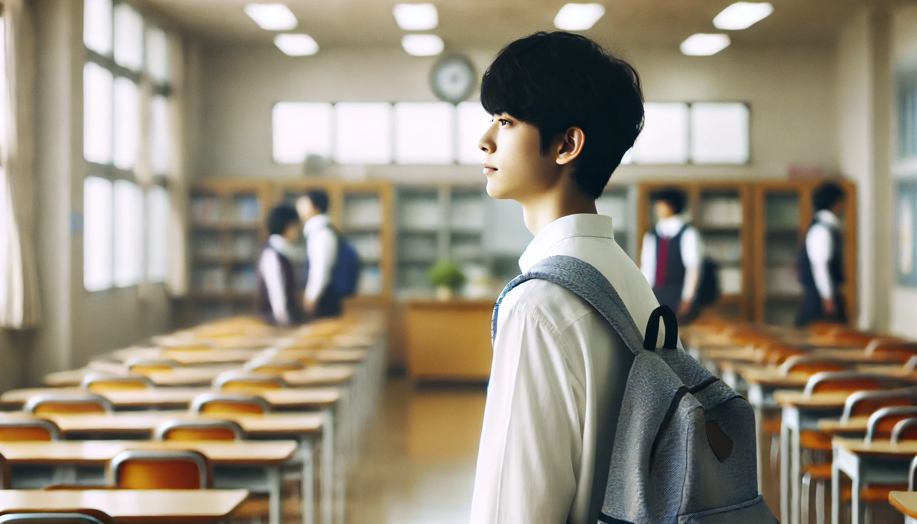 A Japanese high school student walking away from a classroom, looking thoughtful, symbolizing a major life decision such as high school dropout, in a modern Japanese high school setting, horizontal orientation (16:9).