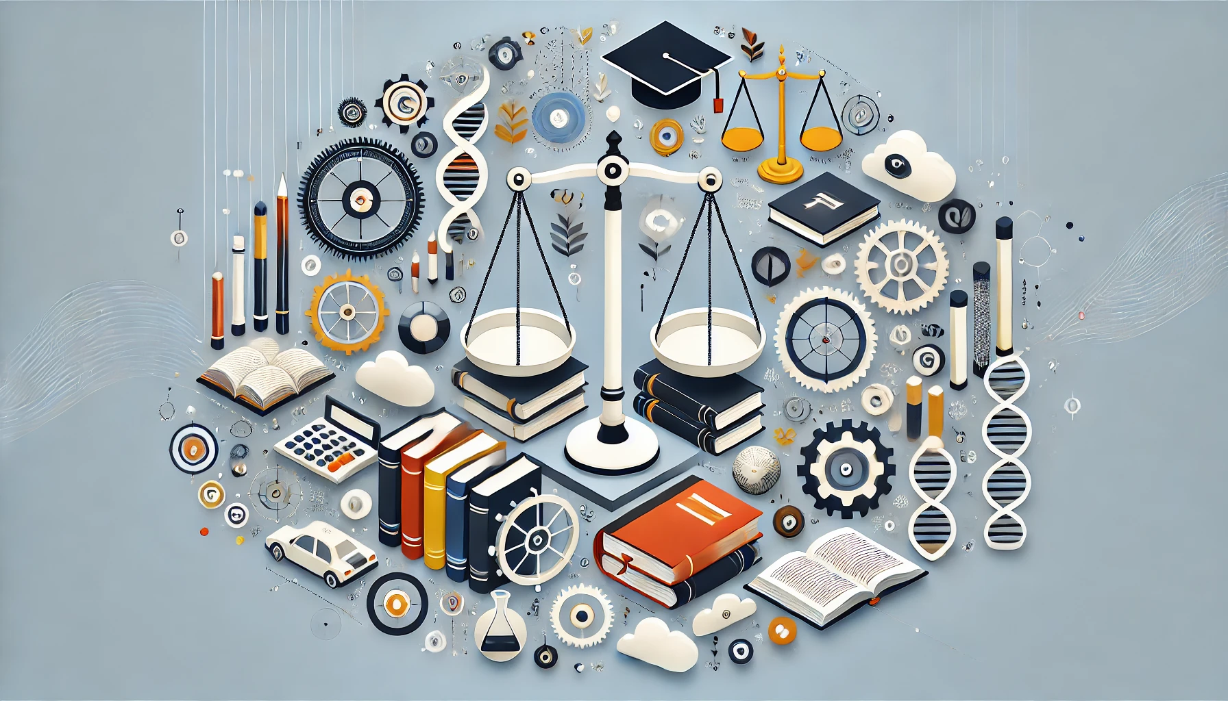 An abstract representation of the evaluation of academic achievements and societal success, featuring symbolic scales, books, and professional elements, in a clean and modern design, horizontal orientation (16:9).