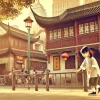 A horizontal (16:9 aspect ratio) image of a Japanese woman as a child, set in a nostalgic Shanghai street scene. The girl is playing outside near traditional Chinese architecture, with a warm, sunny atmosphere and cultural details that hint at the 2000s era.