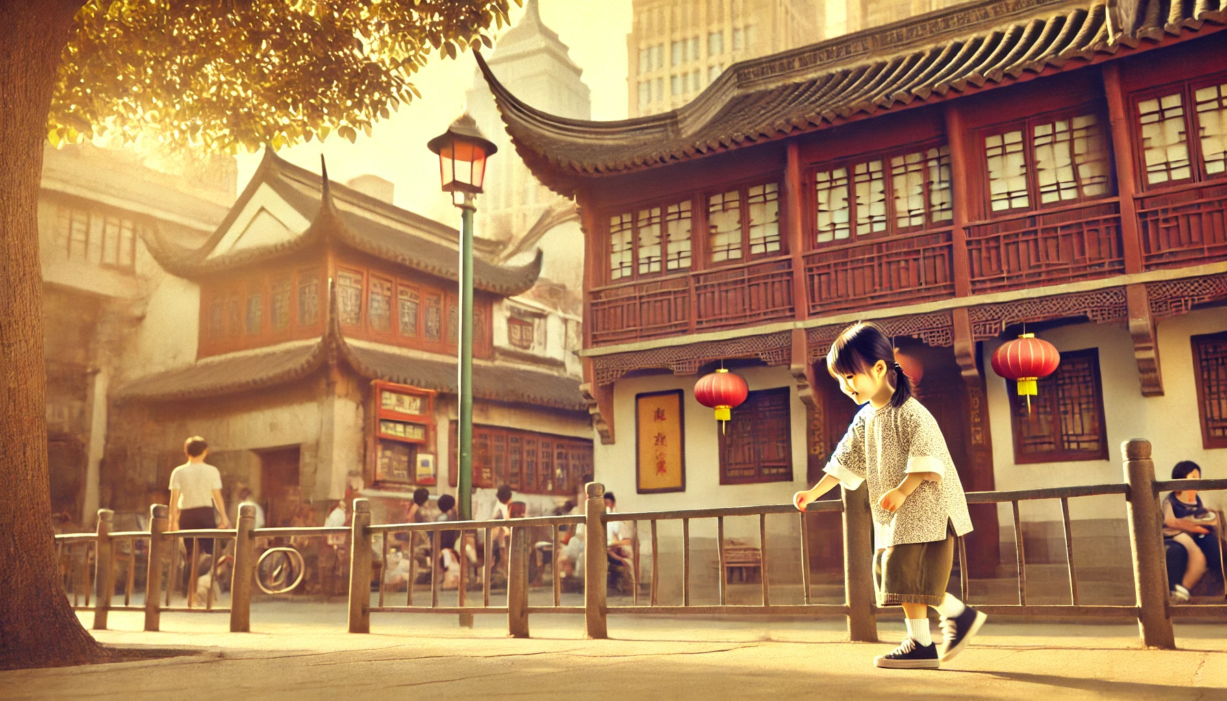 A horizontal (16:9 aspect ratio) image of a Japanese woman as a child, set in a nostalgic Shanghai street scene. The girl is playing outside near traditional Chinese architecture, with a warm, sunny atmosphere and cultural details that hint at the 2000s era.