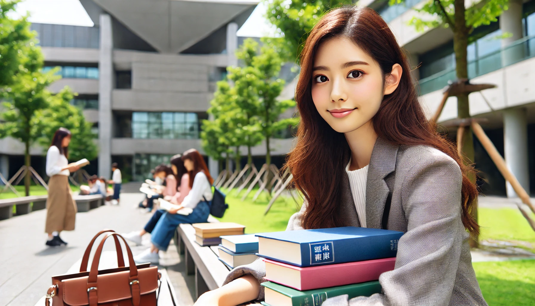 A horizontal (16:9 aspect ratio) image of a Japanese young woman in her university days, sitting outdoors on a campus bench with books and a serene, studious environment. Modern university architecture in the background and trees lining the path.