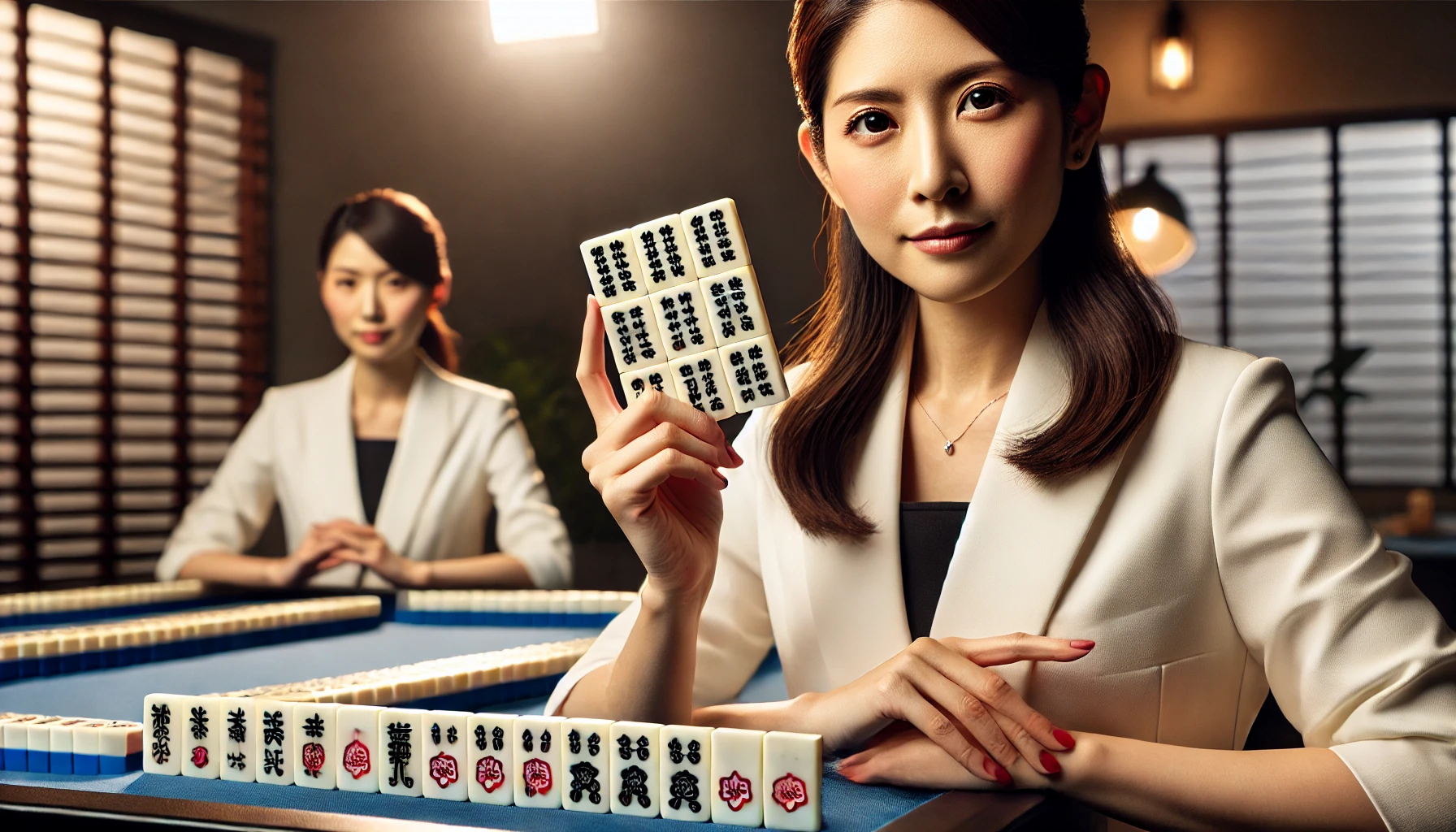 A horizontal (16:9 aspect ratio) image of a Japanese female professional mahjong player in a modern studio setting, holding mahjong tiles confidently. Bright and professional lighting with a competitive atmosphere, emphasizing her professional demeanor.