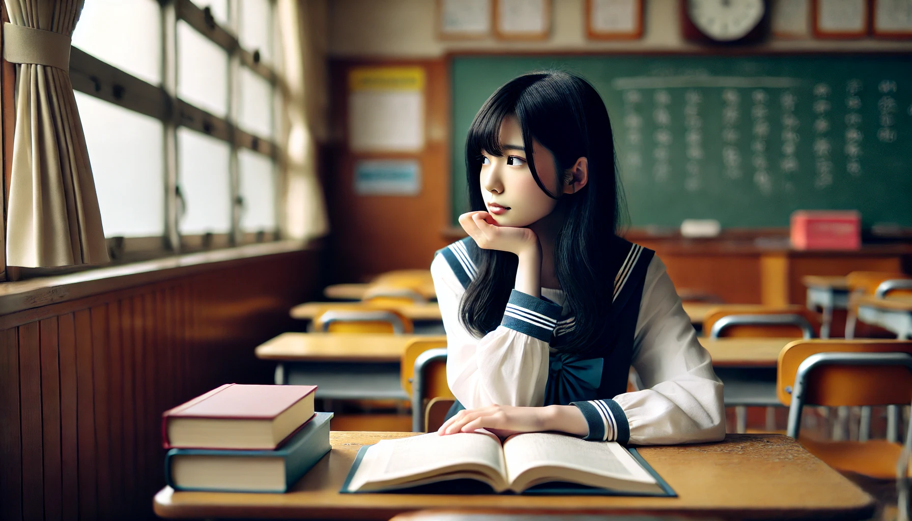 A young Japanese woman, dressed in a school uniform, sitting at a desk with books open, looking thoughtfully out the window. The setting is a typical high school classroom with wooden desks and a chalkboard in the background. The woman has long black hair and a thoughtful expression, reflecting on her school days and the memories of her teenage years.