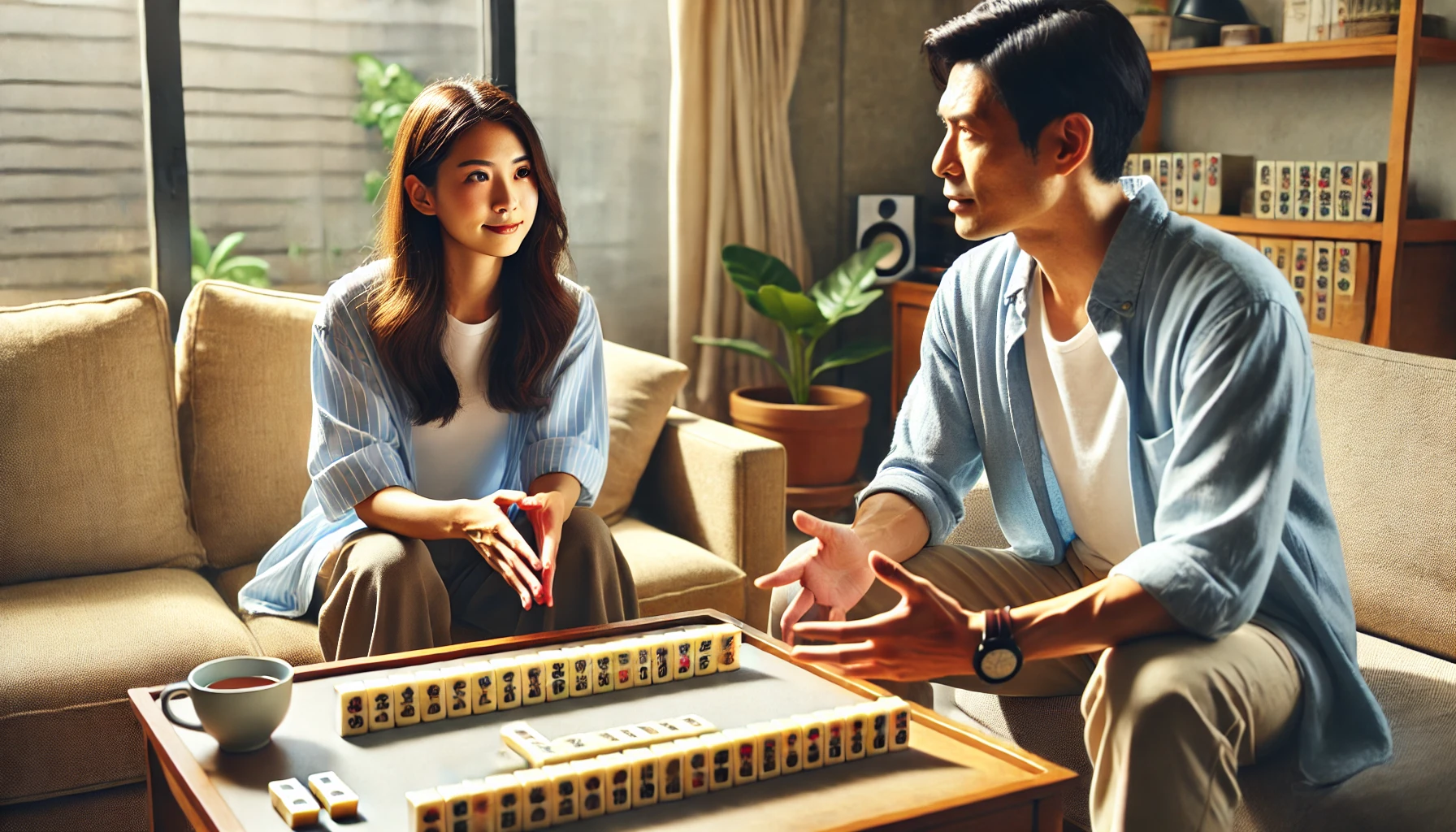 A professional Japanese mahjong player sitting in a cozy, modern living room, talking with a man. Both are casually dressed. The man appears to be explaining a strategy, while the woman listens attentively. The scene conveys a friendly, warm atmosphere, with sunlight streaming through the window and a cup of tea on the table.