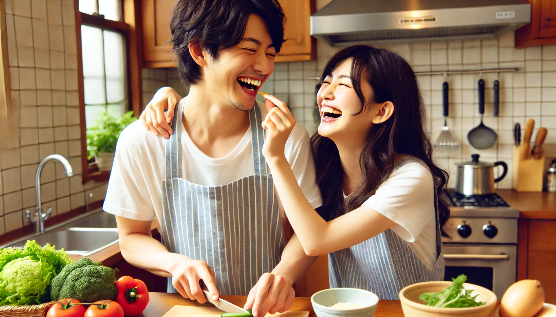 A cheerful and heartwarming scene depicting a Japanese couple's bright and happy everyday life. The couple is cooking together in a modern kitchen, laughing and enjoying their time. The kitchen is well-lit, with fresh vegetables and utensils on the counter. One partner playfully feeds the other a piece of food. The mood is lighthearted, joyful, and intimate.