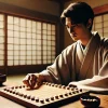 A Japanese man resembling a shogi player, sitting at a traditional Japanese table while thoughtfully moving a shogi piece. The setting is a serene and traditional Japanese room with tatami mats and sliding shoji doors. The atmosphere is calm and focused. The man appears youthful, with a clean and slightly styled hair, exuding an intellectual charm. The image is wide in aspect ratio, 16:9.