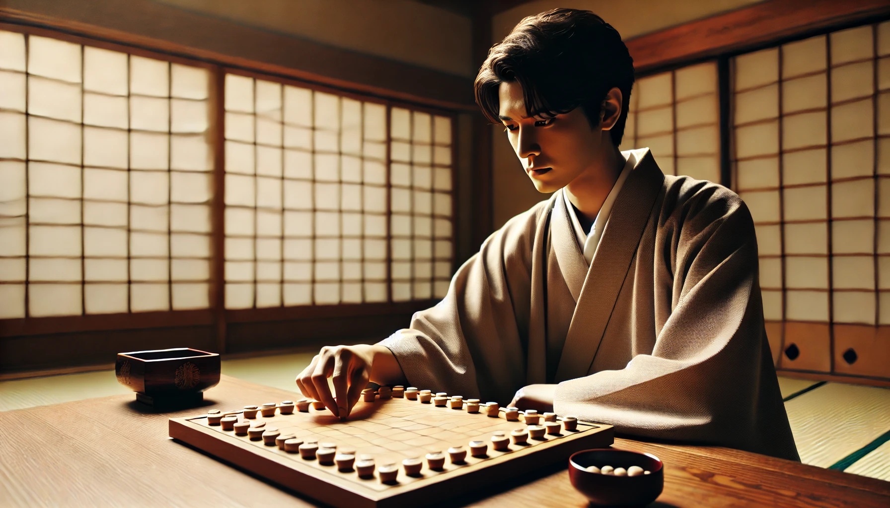 A Japanese man resembling a shogi player, sitting at a traditional Japanese table while thoughtfully moving a shogi piece. The setting is a serene and traditional Japanese room with tatami mats and sliding shoji doors. The atmosphere is calm and focused. The man appears youthful, with a clean and slightly styled hair, exuding an intellectual charm. The image is wide in aspect ratio, 16:9.