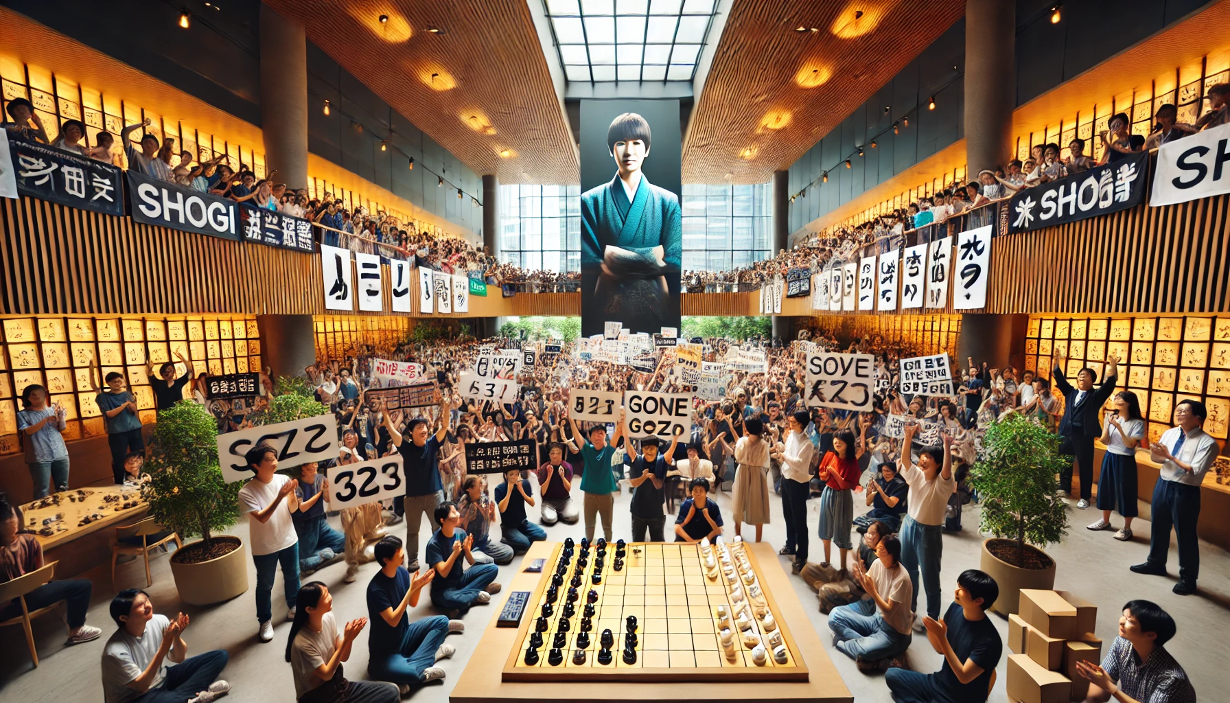 A gathering of fans in a modern setting, holding banners and signs with enthusiasm for a Japanese shogi player. The setting is a lively venue with a youthful and energetic crowd. The central focus is on the atmosphere of excitement and admiration. The image captures the joy and devotion of the fans, with vibrant colors and wide aspect ratio, 16:9.