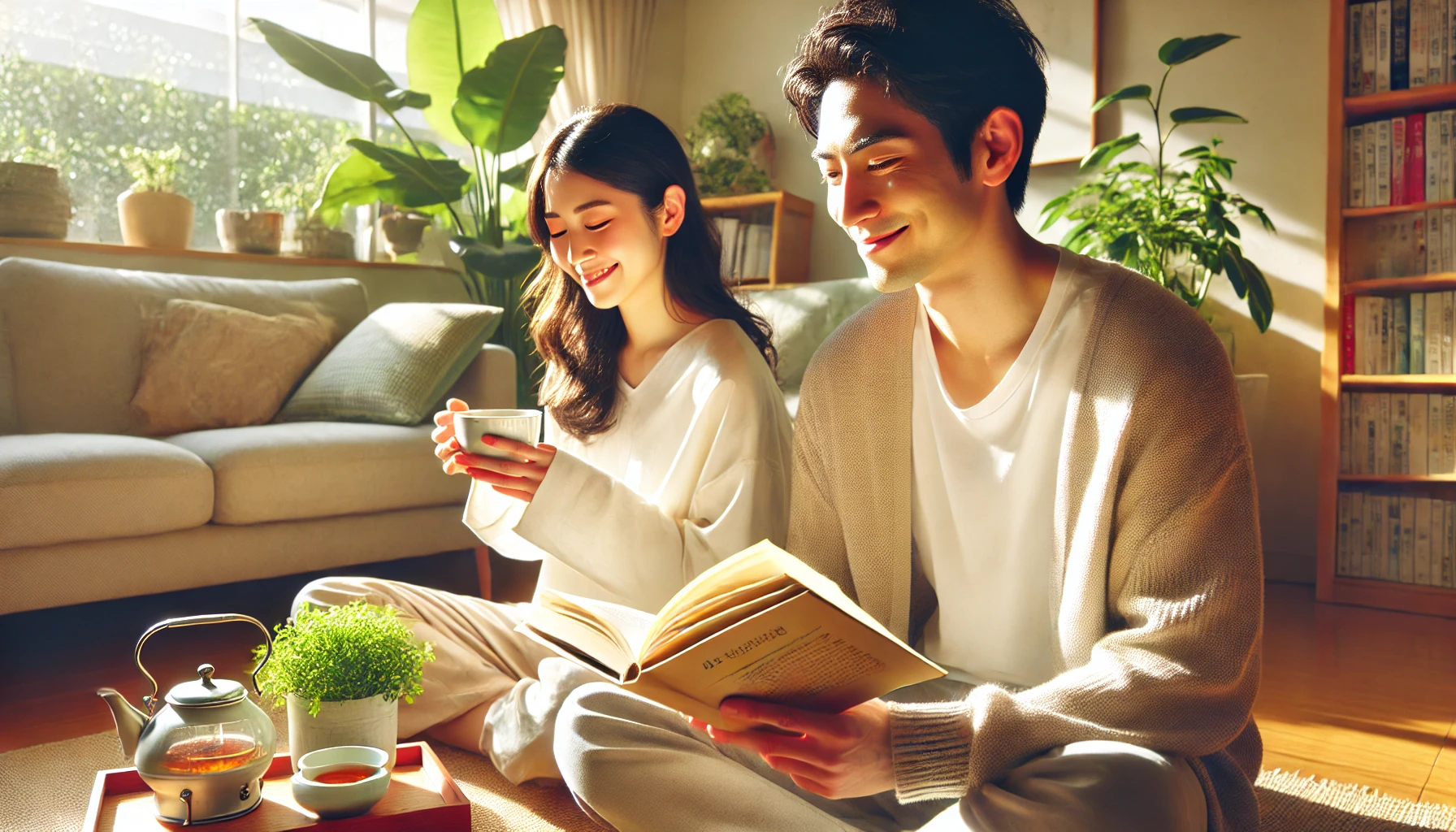 A serene and harmonious scene showing a Japanese couple enjoying a successful and happy married life. The couple sits together in a modern and cozy living room filled with sunlight. One partner is reading a book while the other enjoys tea, with a peaceful smile. The atmosphere feels warm, organized, and content. Green plants and soft furnishings add to the tranquility.