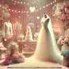 A whimsical and artistic image depicting a fan's imagination about a Japanese celebrity's wedding. The scene shows a dreamy, romantic setting with a large wedding cake, flowers, and a wedding dress displayed on a mannequin. Soft pastel tones, floating hearts, and ethereal lighting add to the dreamy and imaginative atmosphere. No people are visible in the scene.