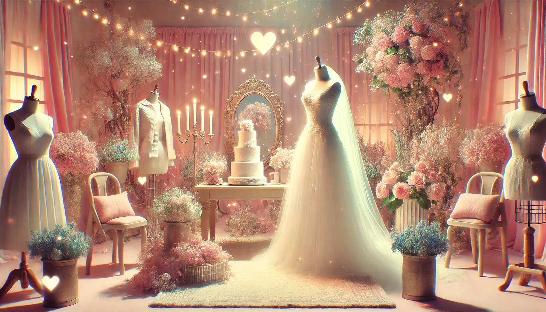 A whimsical and artistic image depicting a fan's imagination about a Japanese celebrity's wedding. The scene shows a dreamy, romantic setting with a large wedding cake, flowers, and a wedding dress displayed on a mannequin. Soft pastel tones, floating hearts, and ethereal lighting add to the dreamy and imaginative atmosphere. No people are visible in the scene.