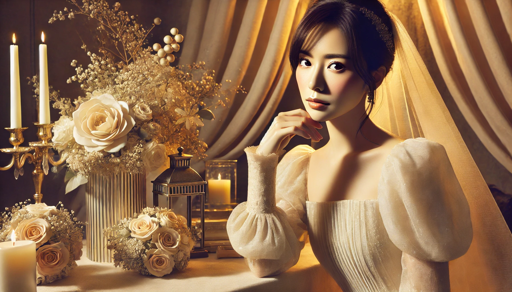 An elegant Japanese female celebrity in a luxurious setting, surrounded by subtle hints of marriage themes like wedding flowers and soft golden decor. The scene conveys sophistication and a touch of mystery, with warm lighting emphasizing her refined beauty. The style is realistic, perfect for an article about marriage rumors.