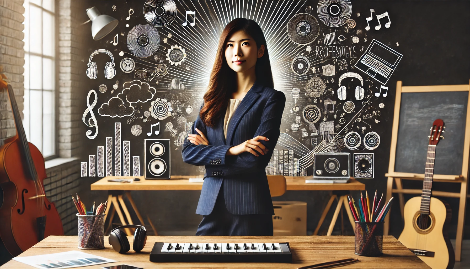 An inspiring depiction of a successful Japanese woman standing confidently in a creative studio, surrounded by musical and professional elements. Horizontal aspect ratio 16:9.