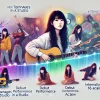 A timeline visualization featuring a Japanese female artist's journey, from her teenage years in a studio, debut performance, international acclaim, and recent achievements, vibrant and detailed in a horizontal 16:9 layout.