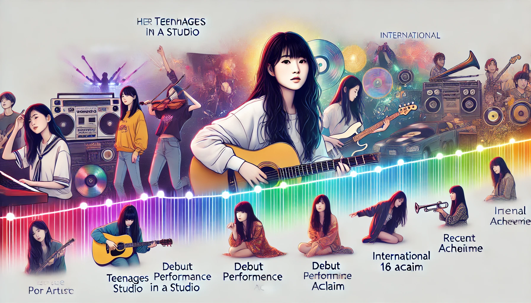 A timeline visualization featuring a Japanese female artist's journey, from her teenage years in a studio, debut performance, international acclaim, and recent achievements, vibrant and detailed in a horizontal 16:9 layout.