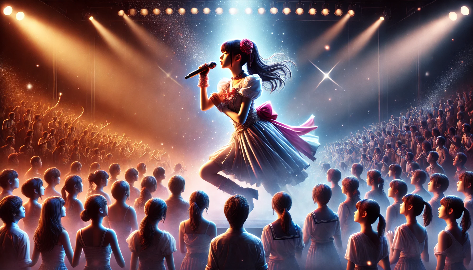 A depiction of a Japanese singer on stage, performing during her debut, with vibrant lighting and an audience in awe, highlighting the impact of her performance, realistic and detailed, in a horizontal 16:9 format.