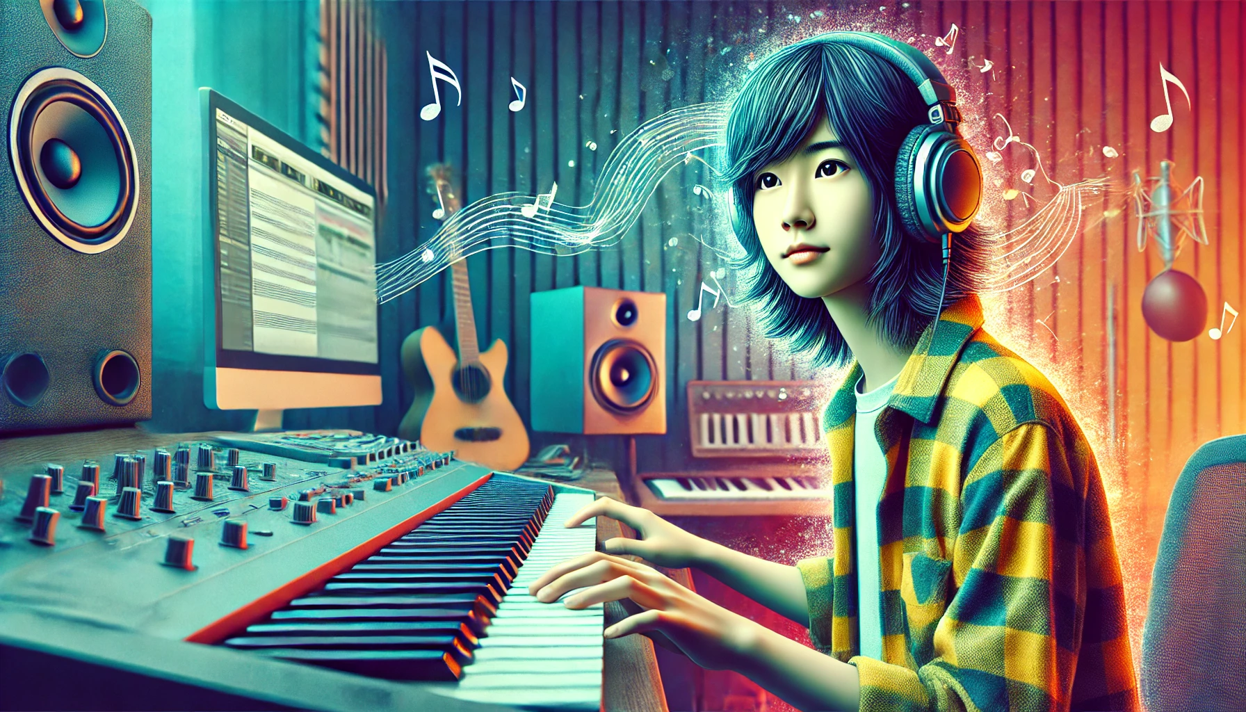 A creative depiction of a Japanese teenage musician, in a recording studio environment, composing music with headphones and a keyboard, showcasing a vibrant yet realistic style, emphasizing the youthful creativity and talent, in a modern studio setting, horizontal 16:9 aspect ratio.