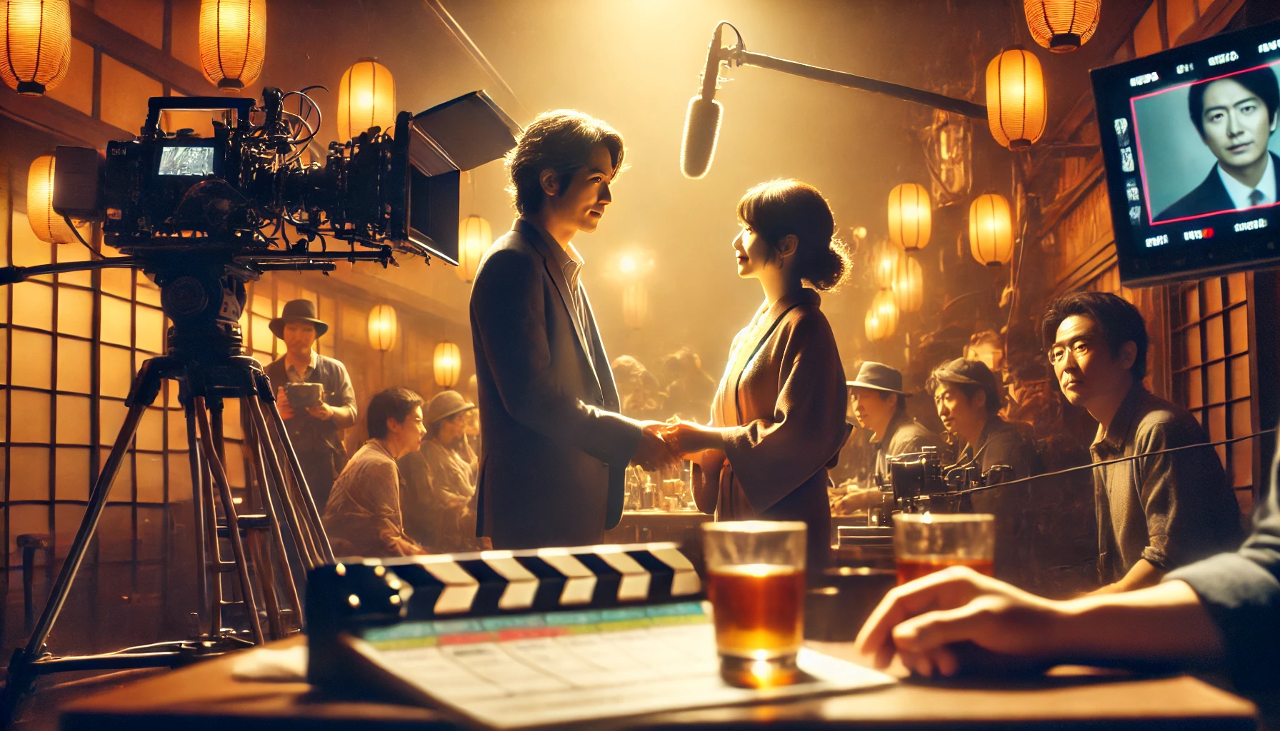 A cinematic depiction of a Japanese man and woman meeting on a television drama set. The setting is a bustling production environment, with cameras, crew, and a script table in the background. The man and woman are portrayed as actors in a casual conversation, with warm lighting highlighting their expressions. The atmosphere reflects the excitement and connection of a professional collaboration that sparks a meaningful relationship.