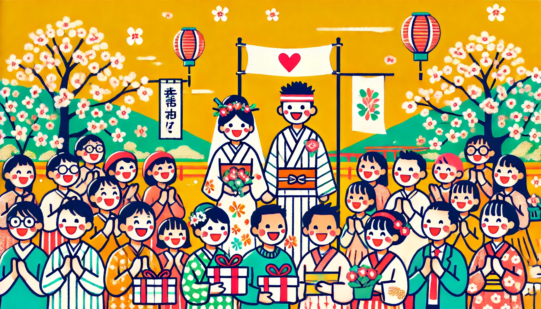 A vibrant and cheerful scene of Japanese fans celebrating a couple's romantic story. The fans are depicted holding small banners and gifts, expressing their admiration for the couple's love story. The setting is a bright outdoor area, such as a park, with cherry blossom trees in full bloom. The atmosphere is joyful and supportive, symbolizing the warmth and positivity of fan culture.