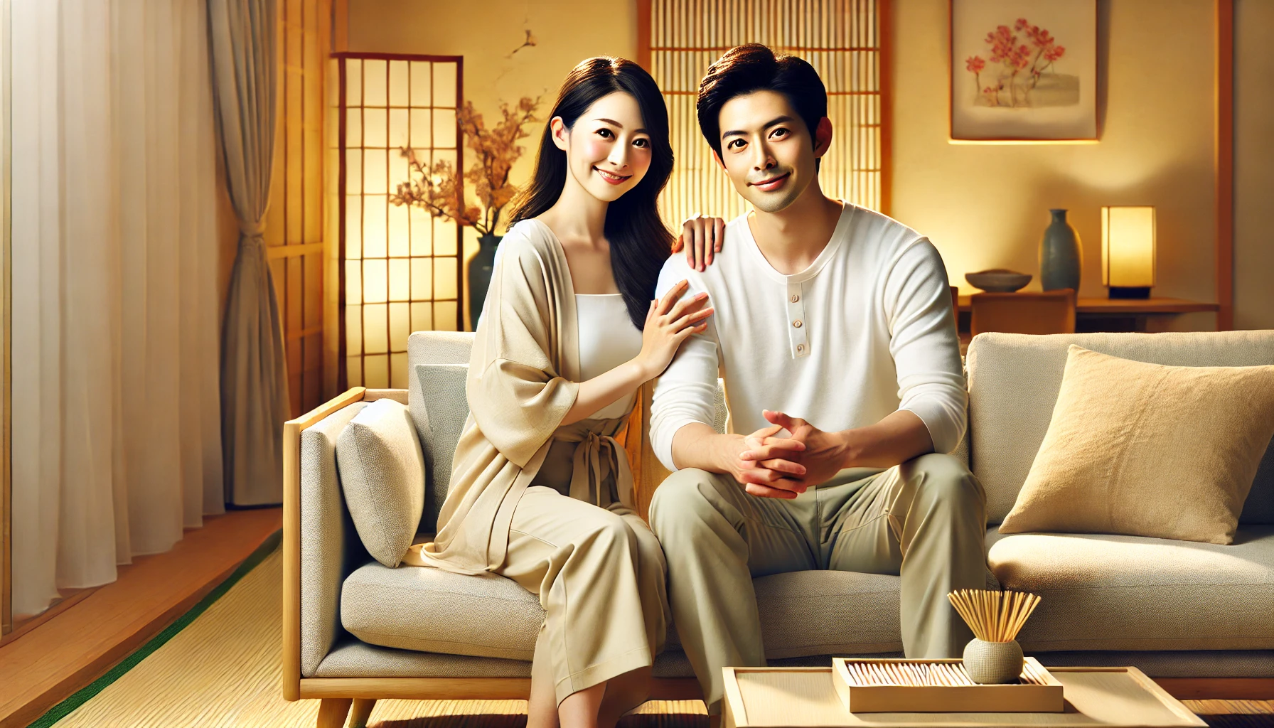 A Japanese couple enjoying a peaceful and happy life at home, showcasing their strong bond in a cozy living space. The man and woman are depicted sitting together on a modern sofa in a bright and tidy living room with warm lighting. The woman exudes elegance and nurturing vibes, while the man displays admiration and comfort. The background includes subtle Japanese decor, such as a vase with cherry blossoms and a tatami mat accent, symbolizing their harmonious life.