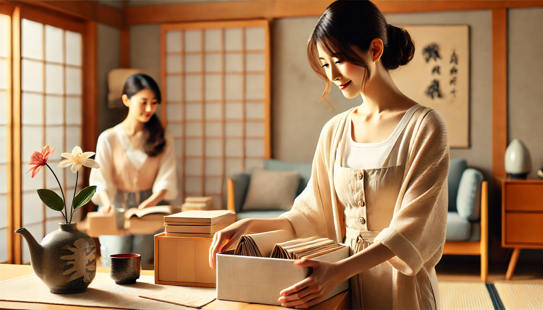 A warm and cozy scene of a Japanese woman, depicted as a supportive wife, organizing a home space. The woman is elegantly dressed in casual attire, embodying a caring and nurturing presence. The environment is a bright, modern Japanese-style living room, with subtle traditional elements like a shoji screen in the background. The atmosphere is serene and inviting, ideal for capturing the concept of a supportive '姉さん女房.'