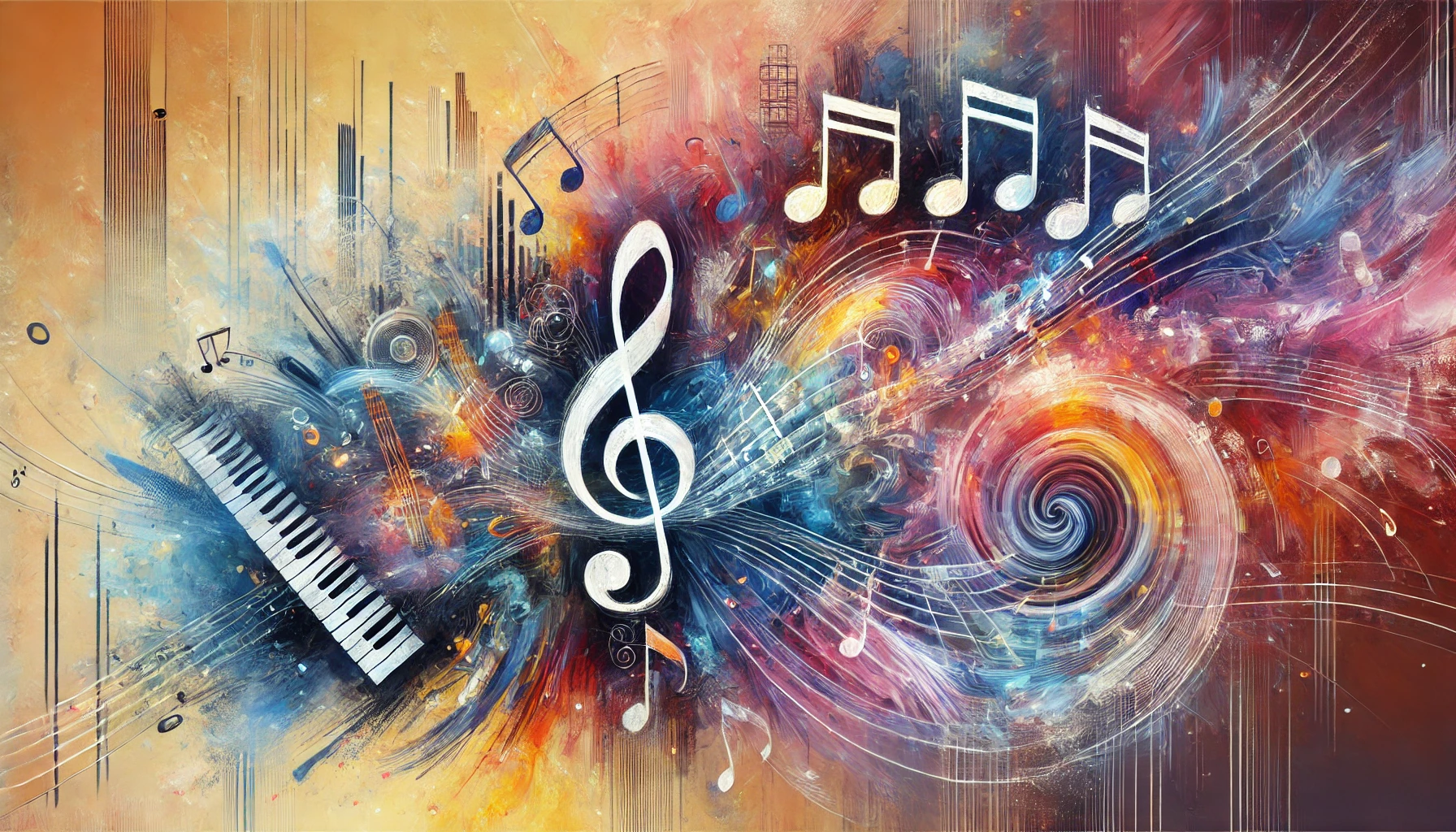 An abstract digital artwork blending musical elements like notes and instruments with colorful and expressive brushstrokes, symbolizing the harmony of art and music in a modern and dynamic style, without any text.