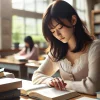 A classroom scene featuring a young Japanese actress studying, showcasing her focus and ambition during her academic years. The actress is surrounded by books and natural light coming through the windows, evoking a calm and studious atmosphere. Horizontal format (16:9).