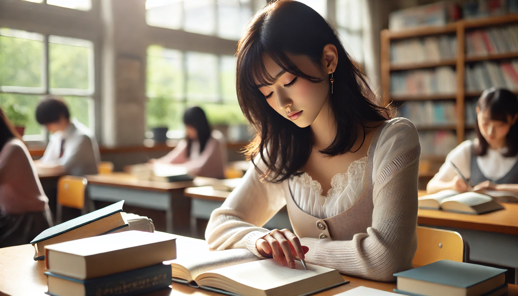 A classroom scene featuring a young Japanese actress studying, showcasing her focus and ambition during her academic years. The actress is surrounded by books and natural light coming through the windows, evoking a calm and studious atmosphere. Horizontal format (16:9).