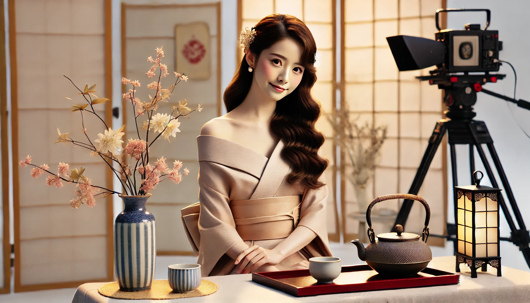 A young Japanese actress featured in a vintage-inspired commercial shoot, posing gracefully on a minimalist set. The scene includes props like traditional Japanese elements such as flowers or a teapot, emphasizing her elegance and charm. Horizontal format (16:9).