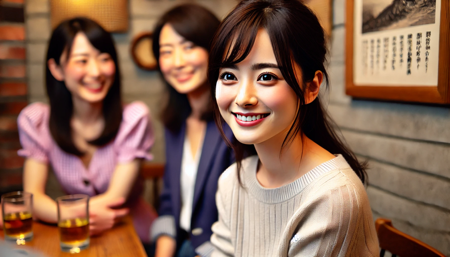 A young Japanese actress in a casual setting, speaking warmly with a group of friends, showcasing her friendly personality and charm. The atmosphere is relaxed, with a hint of traditional Japanese décor in the background, emphasizing her roots. Horizontal format (16:9).