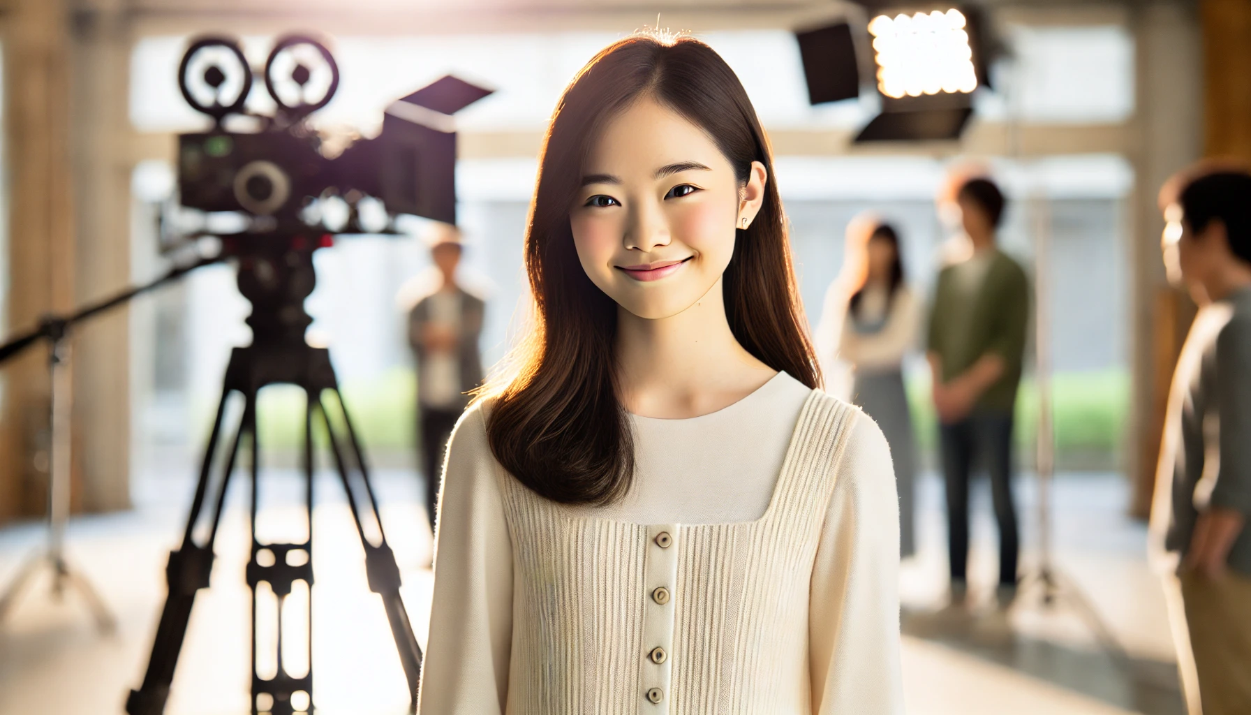 A young Japanese actress in her early teens, radiant and natural, standing on a movie set with soft natural lighting, wearing a simple and elegant outfit, capturing the essence of her beauty during her debut. The setting is professional with subtle touches of a film crew in the background, horizontal format (16:9).