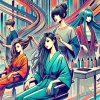 A dynamic and colorful digital illustration of Japanese-inspired hairstyles popularized by Aimyon, including trending styles like Wolf Cut, Bob, and Long hair. The scene features Japanese models interacting in a modern, minimalistic salon environment, emphasizing style and individuality. Designed for a wide 16:9 layout.