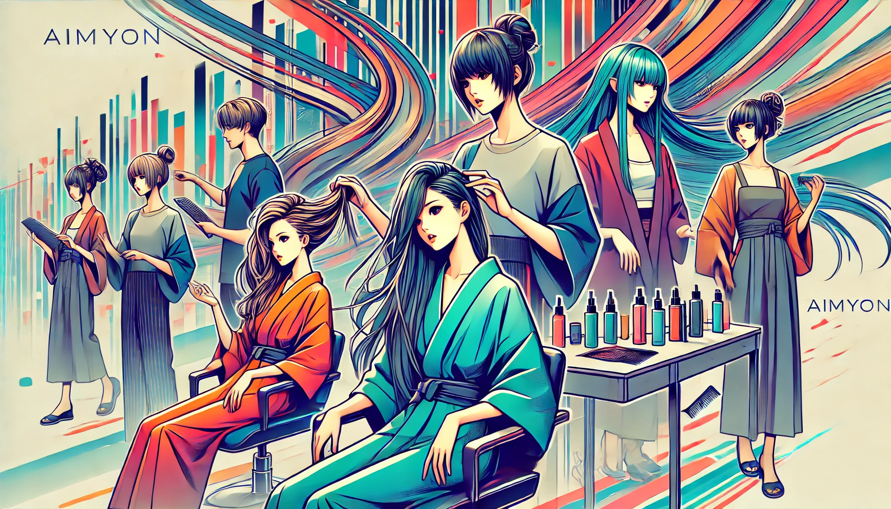 A dynamic and colorful digital illustration of Japanese-inspired hairstyles popularized by Aimyon, including trending styles like Wolf Cut, Bob, and Long hair. The scene features Japanese models interacting in a modern, minimalistic salon environment, emphasizing style and individuality. Designed for a wide 16:9 layout.